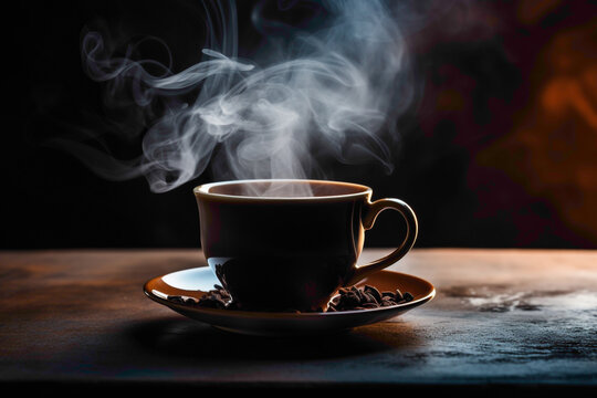 A moody image of a black coffee in a vintage ceramic mug, with wisps of steam rising and diffusing into the surrounding air, creating an atmosphere of warmth.