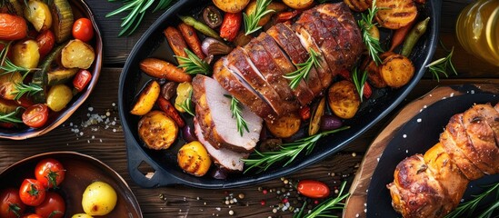 Wall Mural - A plate of delicious roast meat accompanied by roasted potatoes and tomatoes, creating a savory dish bursting with flavor.