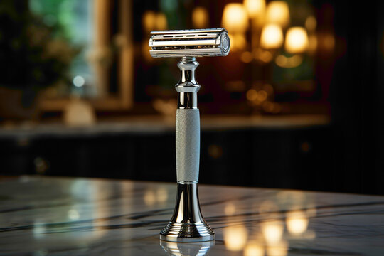 A standard disposable razor on a bathroom counter