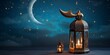 Decorative Arabic Lantern with Burning Candles at Night, background of crescent moon and clouds, sky full of stars, empty space for text - generative ai