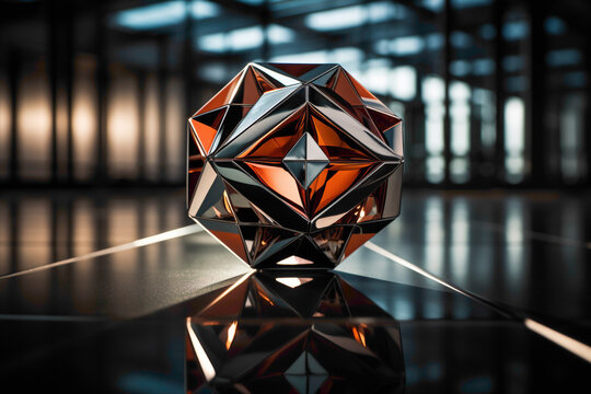 A visually striking composition featuring a mathematical icosahedron, sphere, and cube placed thoughtfully on a reflective tabletop