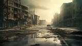 Fototapeta  - Post apocalyptic city background. Destroyed buildings, cracked road