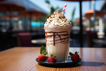 Wall Mural - An adorable miniature disposable milkshake glass with a striped straw on a cafe table