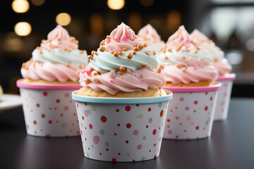 Wall Mural - A charming disposable cupcake wrapper with a pastel polka dot pattern on a dessert display