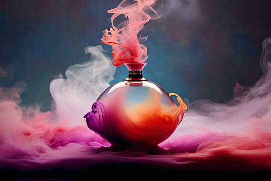 An avant-garde perfume bottle surrounded by a delicate mist, showcasing its unique shape and vibrant color.