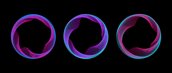 Poster - Neon iridescent gradient dotted circle set. Colorful glowing round tech frame collection. Curved wave dot line circles on black background. Bright circular border pack. Design element bundle