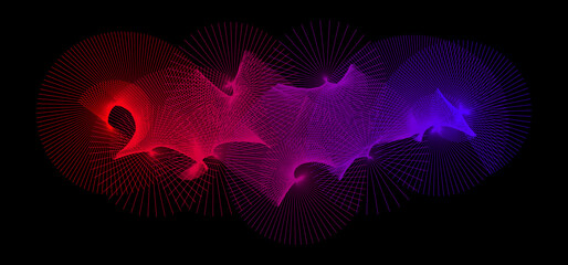 Aufkleber - Neon radiating spiral shape pattern. Abstract spreading rotating lines. Red purple blue spinning circle on black background. Futuristic cloud concept. Digital aurora or moire effect. Vector backdrop