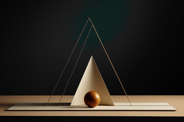 Wall Mural - Captivating scene capturing a mathematical pyramid, cone, and torus on a minimalist table, creating a visually stunning composition