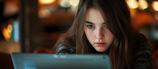 Poster - A young woman with layered blond hair and expressive eyebrows is having fun in front of a laptop screen in the darkness, focusing on the gadget with a serious facial expression