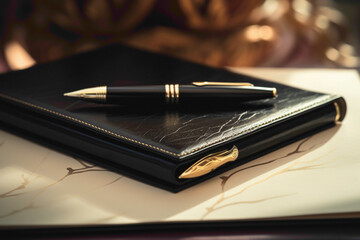 Wall Mural - A close-up of a premium fountain pen resting on a leather-bound notebook, evoking a sense of sophistication and creativity.