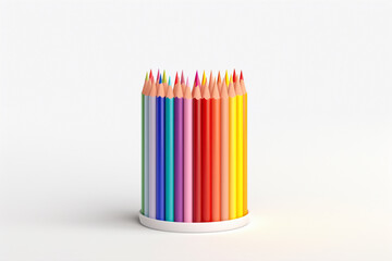 Wall Mural - 3D mockup of a vibrant rainbow-colored pencil standing upright with a white background, providing ample copy space for creative designs