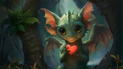 Charming dragon with heart, whimsical art