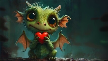 Adorable dragon with heart in mystical woods