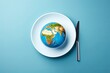 Globe on a plate for food on a blue background. Power, economy, politics, globalism, hunger, poverty and world food concept, Generative AI 