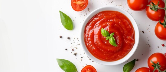 Wall Mural - Delicious tomato sauce with fresh basil leaves and ripe tomatoes on a rustic bowl
