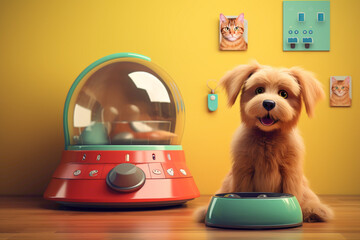 Wall Mural - An automated pet feeder dispensing kibble into a pet bowl, with a happy cat or dog eagerly waiting nearby.