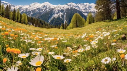 Canvas Print - flower field in spring with mountain background