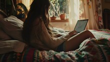woman using laptop at home in bedroom, a day at home. Generative AI.