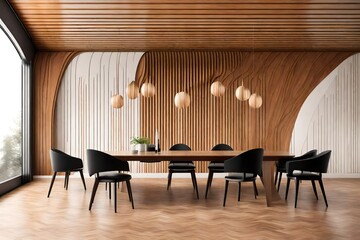 Poster - Minimalist interior design of modern dining room with abstract wood paneling arched wall