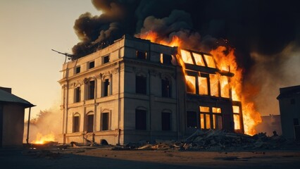 Wall Mural - apartmen building on fire with black smoke