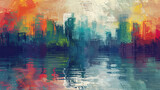 Fototapeta  - Abstract Cityscape Reflection Painting with Vibrant Brush Strokes