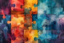 Colorful Abstract Jigsaw Puzzle Pieces With Watercolor Effect