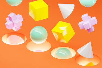 Poster - 3D illustration Abstract multi-colored shapes: cube, torus, sphere, polygon falling into a portal against a orange  background, 3D illustration.