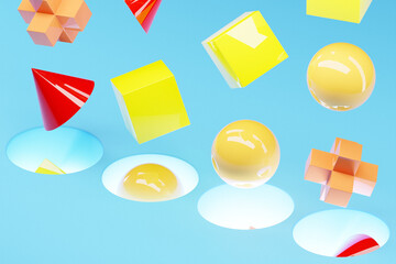 Poster - 3D illustration of multi-colored volumetric geometric shapes falling into a portal on a  blue  background