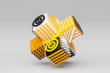 Poster - 3D illustration, abstract shape illusion of various squares with patterns, isometric abstract shapes, intertwining colorful shapes