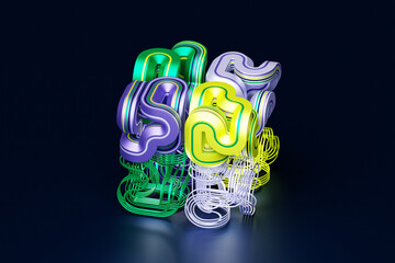 Poster - 3D rendering, abstract bright figure with various patterns, shapes and various lines. Colorful creative wallpaper with layered effect