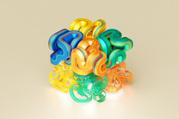 Poster - 3D rendering, abstract bright figure with various patterns, shapes and various lines. Colorful creative wallpaper with layered effect
