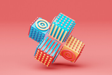 Poster - 3D illustration Abstract shape with different geometric patterns on each side on a   blue  background, 3D illustration.