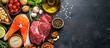 A top view image showcasing a selection of healthy keto diet food products on a black stone table, featuring salmon steak, beef, beans, nuts, vegetables, and olive oil.