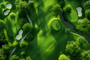 Top view of green golf course in morning.
