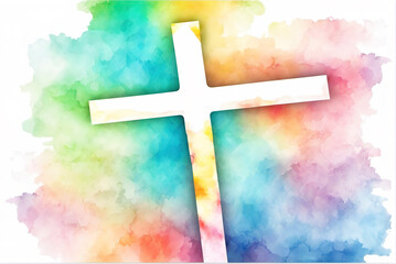 Christian cross on colorful watercolor background