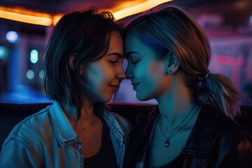 Wall Mural - Young lesbian couple in their moment of intimacy at night in a night club.