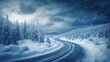 road through trees covered in snow background image and use it as your wallpaper, poster and banner design.ai generated image
