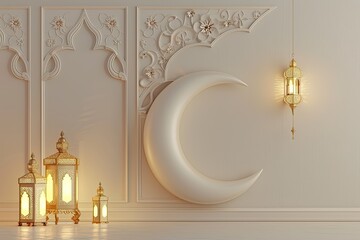 elegant ivory islamic desktop wallpaper background with crescent moon and elegant lantern 