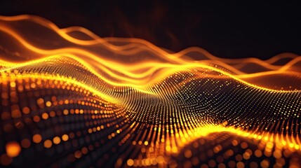 Abstract gold light threads background. Abstract background of glowing gold mesh or interwoven lines on a dark background