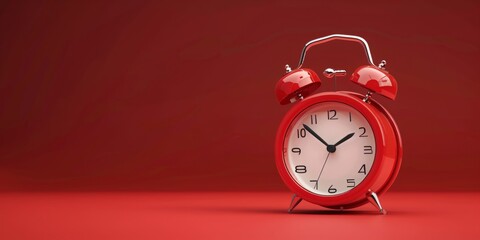 Red alarm clock on the table with red copy space background for text