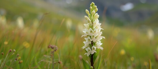 Canvas Print - Beautiful white flower standing alone in the midst of a vast field on a sunny day