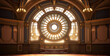 3D rendering of a classic theater stage with golden walls and ceiling.Interior of a classic room with gold walls and wooden floor 3d rendering