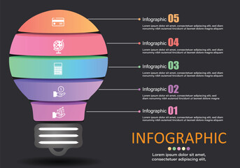 Poster - Vector infographic on a gray-black background, light bulbs with 5 layers, 5 steps or sequences in work, presentation of plans as ideas, creative ideas to help with presentations for understanding.