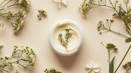 Wall Mural - Natural organic cosmetics skincare. Herbal cosmetics cream. Cream open jar 