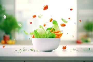 Wall Mural - Vegetables falling into cooking pot on table in kitchen.