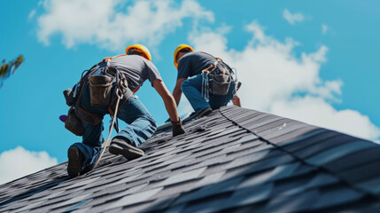 with safety harnesses and professional equipment a team of roofers diligently works to fix a damaged