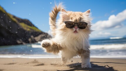 Wall Mural - Experience the intensity of an cat leaping onto the beach in a stunning close-up photo, Ai Generated.