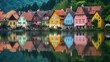 Vibrant row of homes by a lake with colorful reflections in the water. Scenic beauty, Ai Generated.