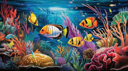 Wall Mural - Colorful fish explores vibrant underwater habitat with bright coral and lively plants, Ai Generated.