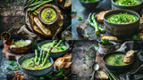 Fototapeta  - Food illustration, Green asparagus cream soup with toasted baguette, on a wooden table, rustic, dark background. In rustic style. Very healthy, Food for vegetarians. Seasonal dishes.